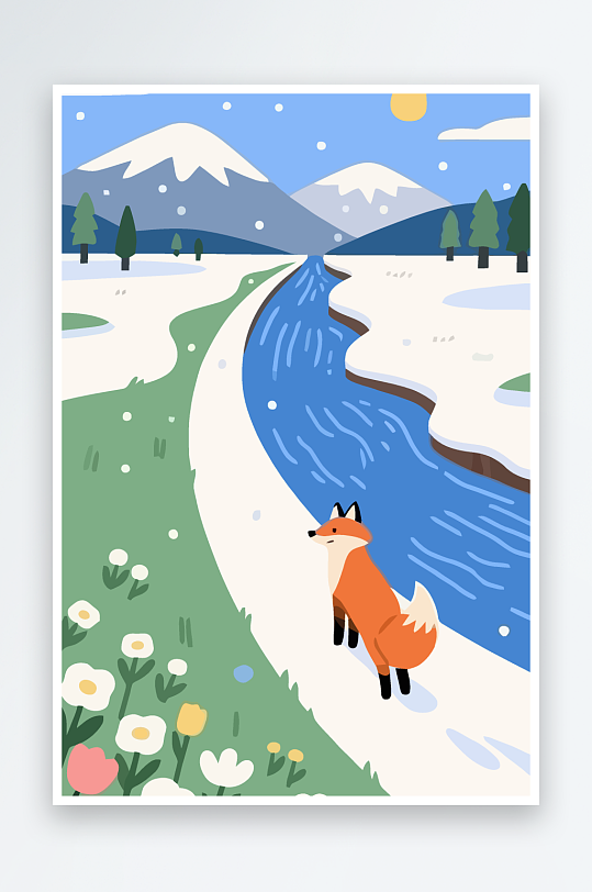 狐狸雪景图标插画-众图网