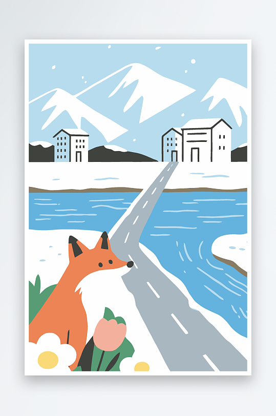 狐狸雪景图标插画-众图网