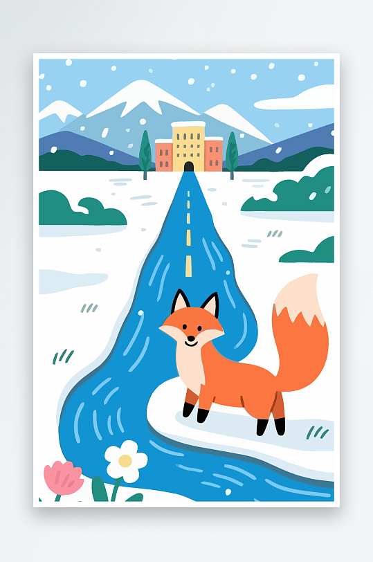 狐狸雪景图标插画-众图网