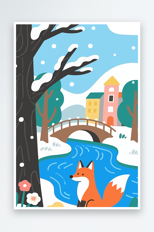 狐狸雪景图标插画-众图网
