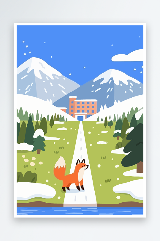 狐狸雪景图标插画元素-众图网