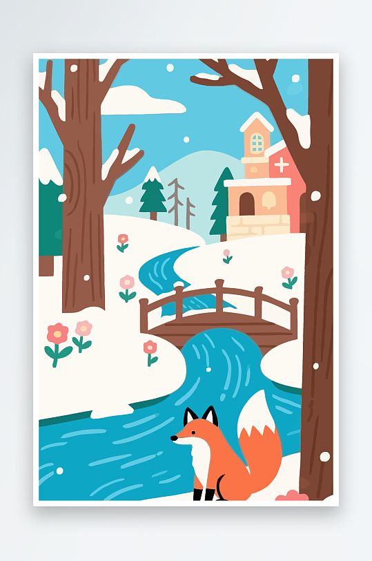 狐狸雪景图标插画元素-众图网