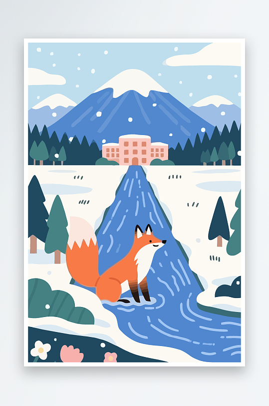 狐狸雪景图标插画元素-众图网