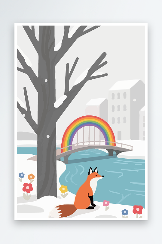狐狸雪景图标插画元素-众图网