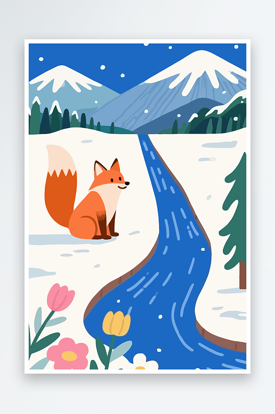 狐狸雪景图标插画元素-众图网