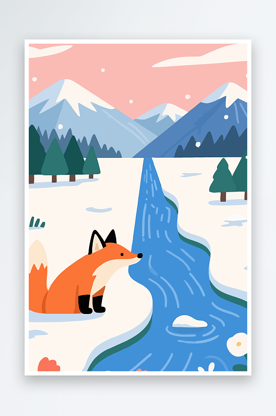 狐狸雪景图标插画-众图网