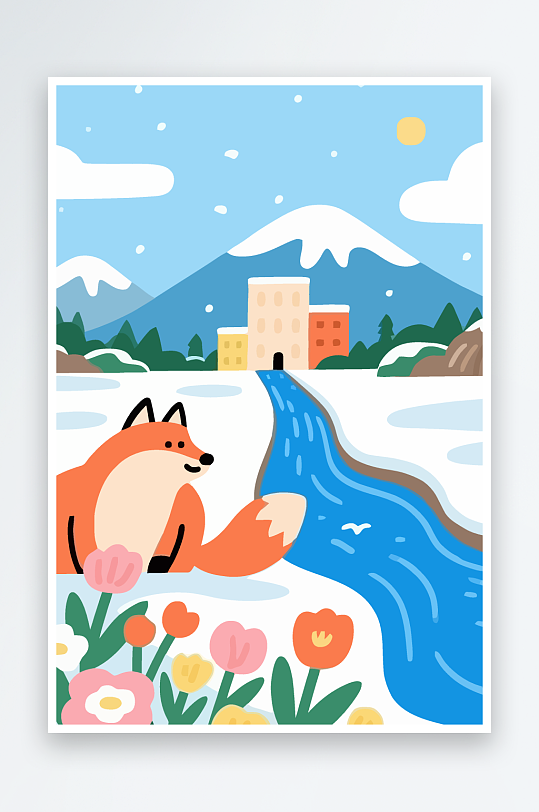 狐狸雪景图标插画-众图网