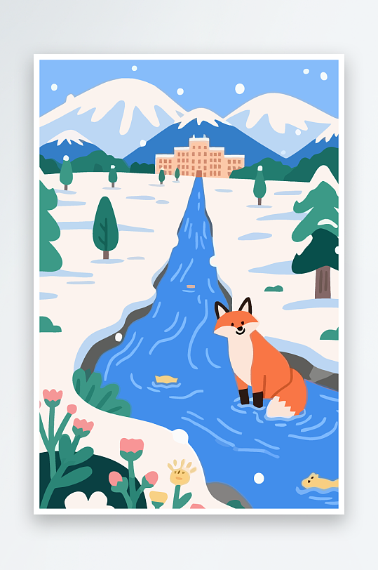 狐狸雪景图标插画-众图网