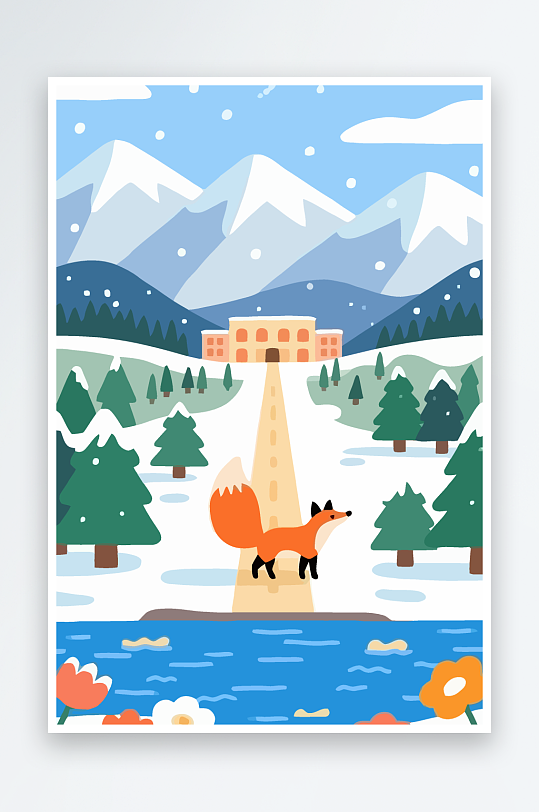 狐狸雪景图标插画-众图网