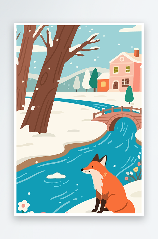 狐狸雪景图标插画元素-众图网