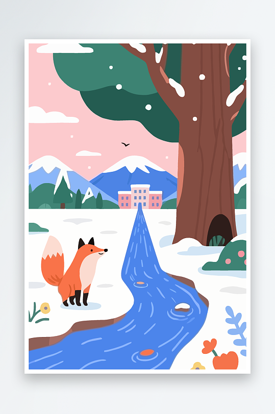 狐狸雪景图标插画元素-众图网