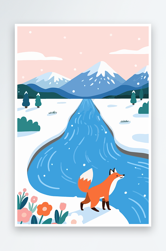 狐狸雪景图标插画元素-众图网