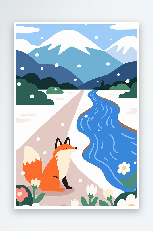狐狸雪景图标插画元素-众图网