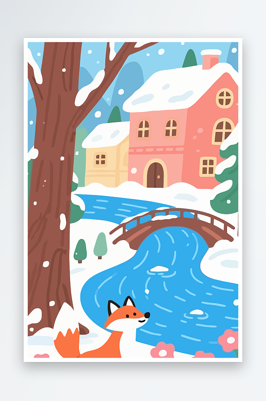 狐狸雪景图标插画元素-众图网