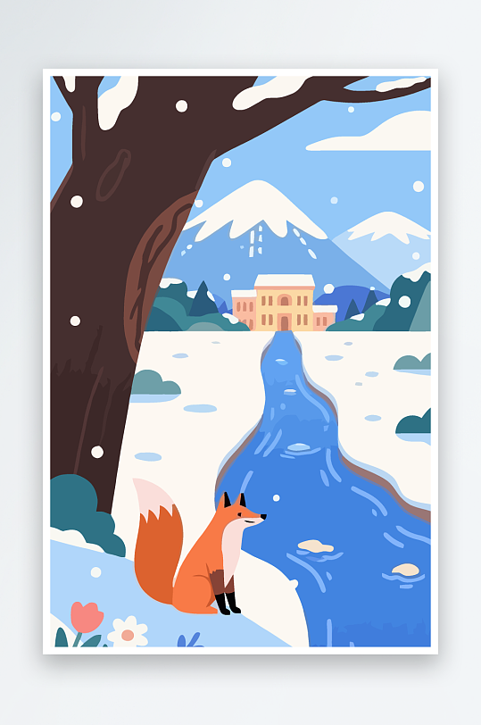 狐狸雪景图标插画-众图网