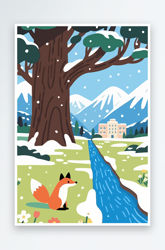 狐狸雪景图标插画-众图网