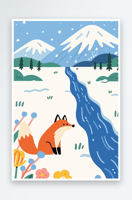 狐狸雪景图标插画-众图网