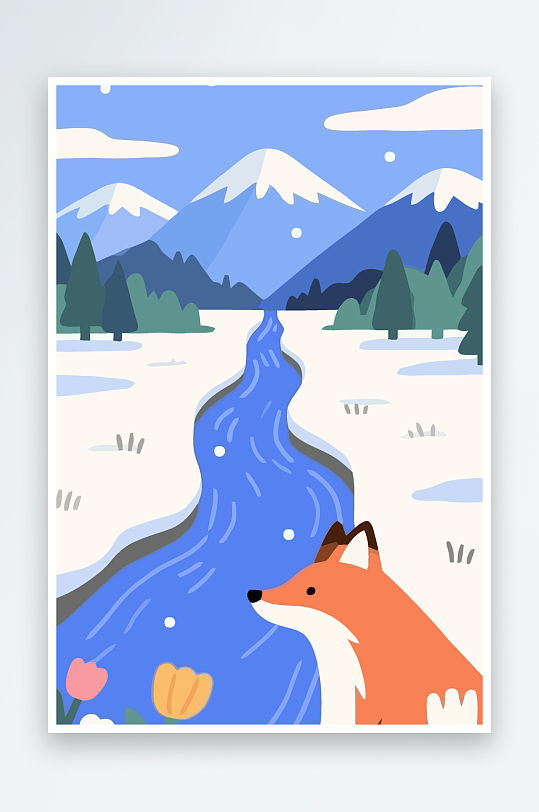 狐狸雪景图标插画元素-众图网