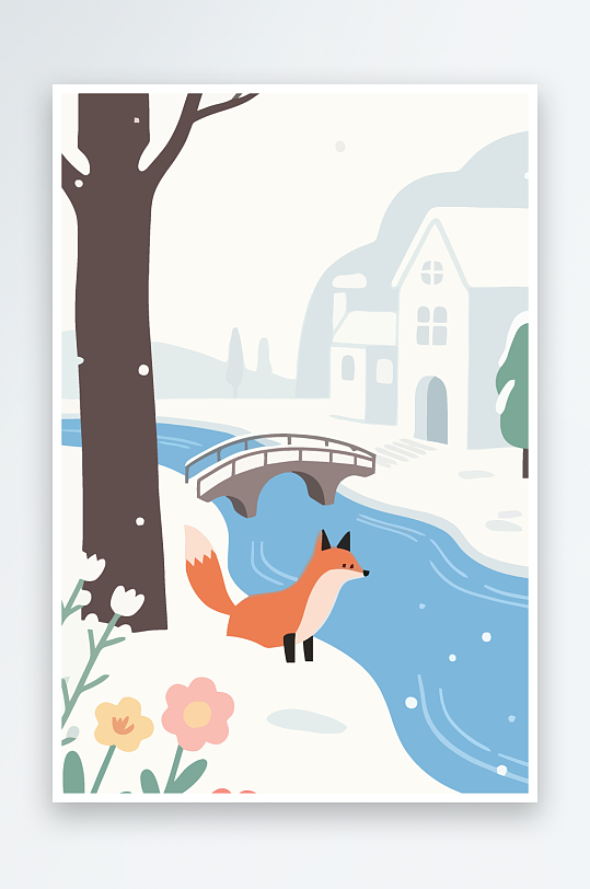 狐狸雪景图标插画元素-众图网
