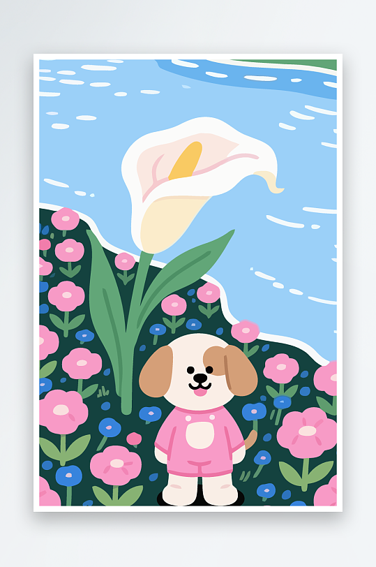 狗孩童花朵图标插画元素-众图网