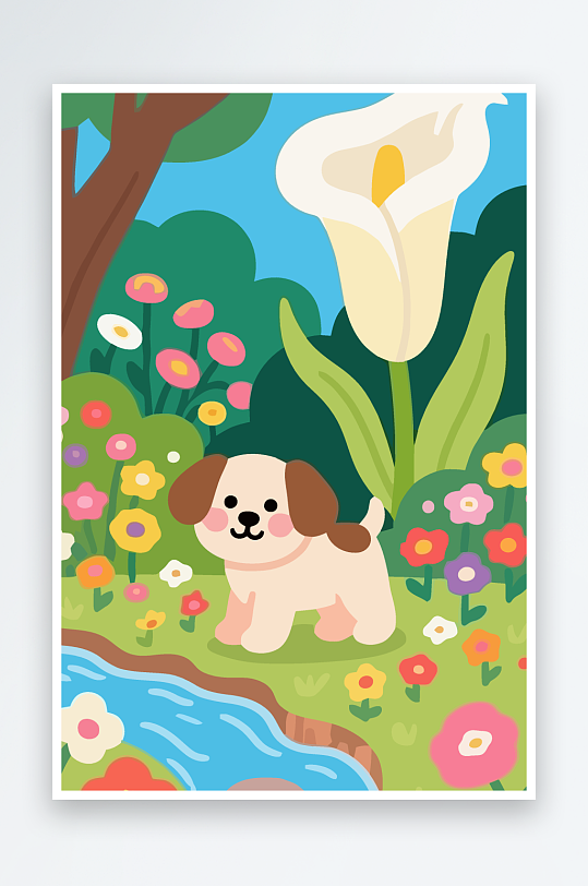 狗孩童花朵图标插画元素-众图网