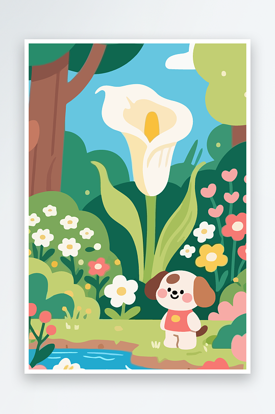 狗孩童花朵图标插画元素-众图网