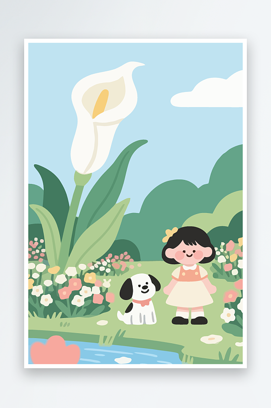 狗孩童花朵图标插画-众图网