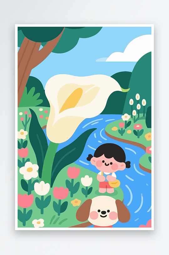 狗孩童花朵图标插画元素-众图网