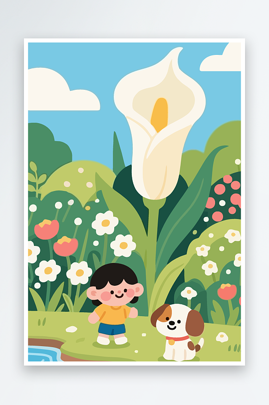 狗孩童花朵图标插画元素-众图网