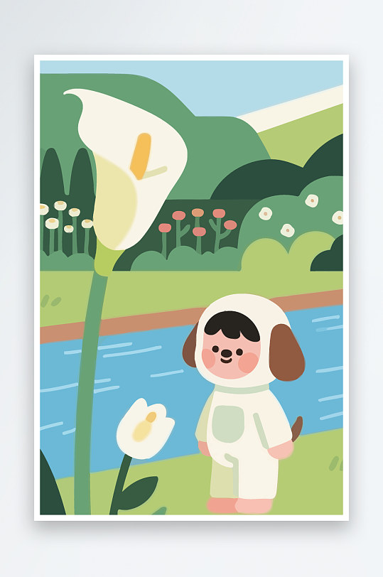 狗孩童花朵图标插画-众图网