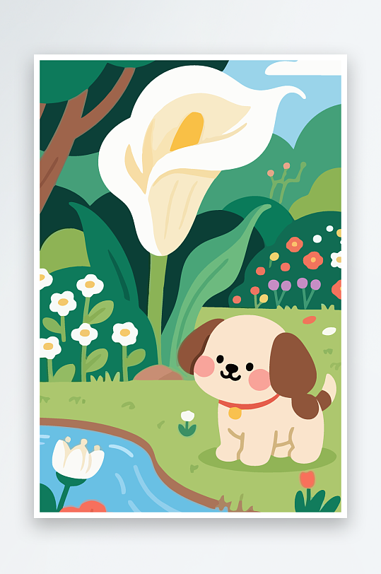 狗孩童花朵图标插画元素-众图网