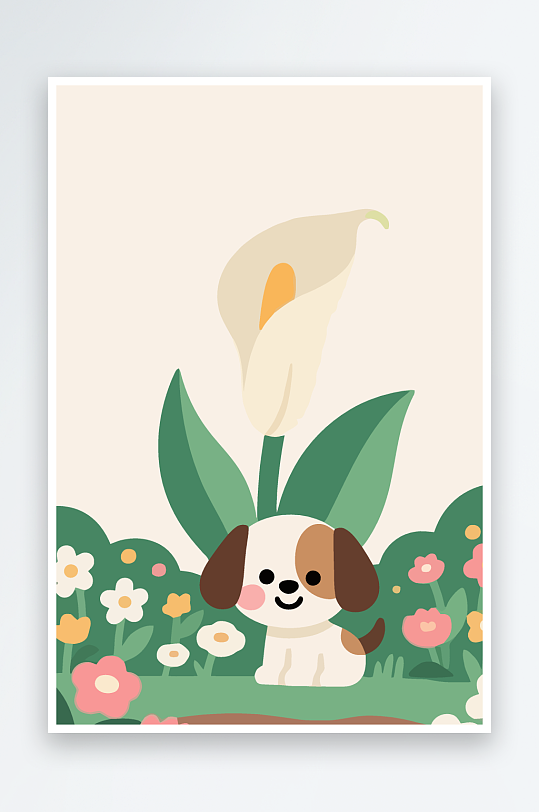 狗孩童花朵图标插画元素-众图网