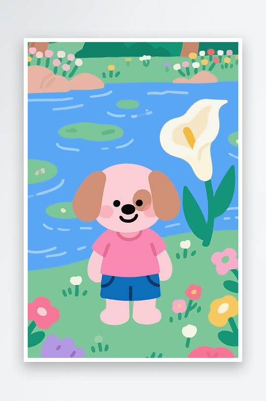 狗孩童花朵图标插画元素-众图网