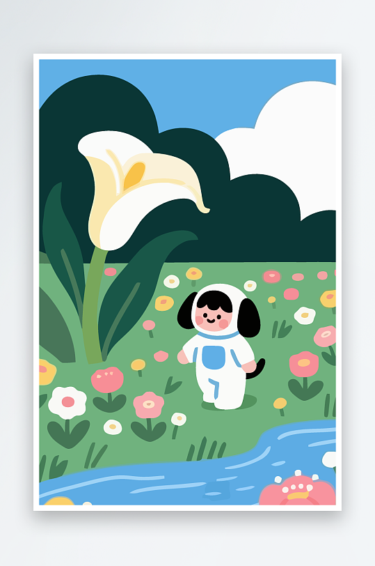 狗孩童花朵图标插画元素-众图网