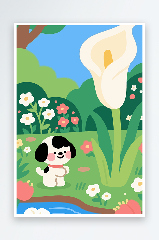 狗孩童花朵图标插画-众图网