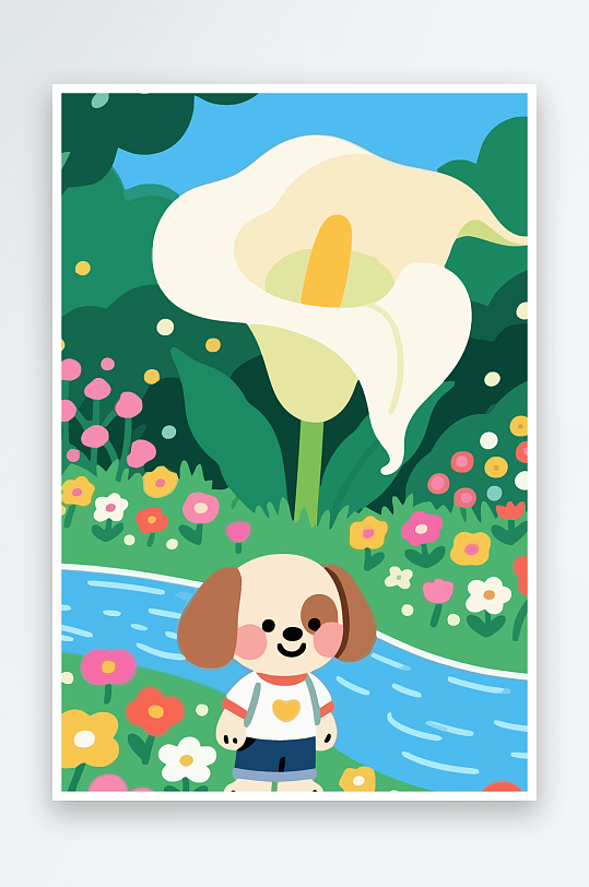 狗孩童花朵图标插画元素-众图网