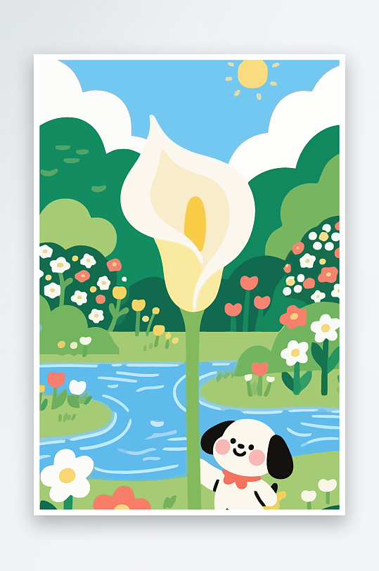 狗孩童花朵图标插画元素-众图网