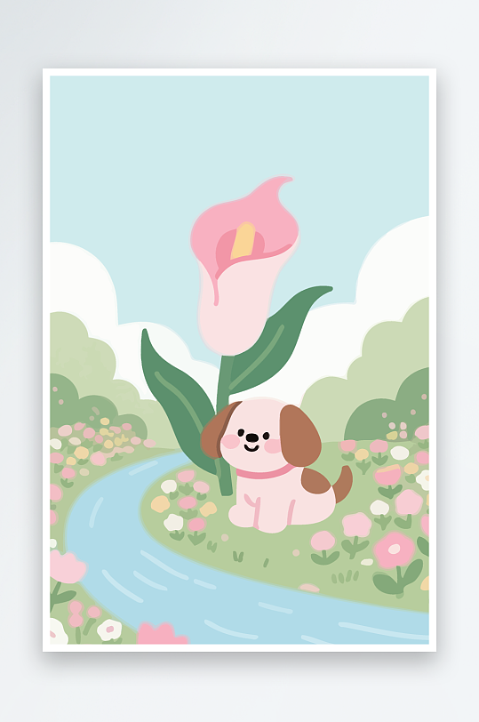 狗孩童花朵图标插画元素-众图网