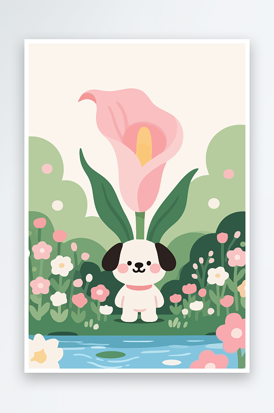 狗孩童花朵图标插画元素-众图网