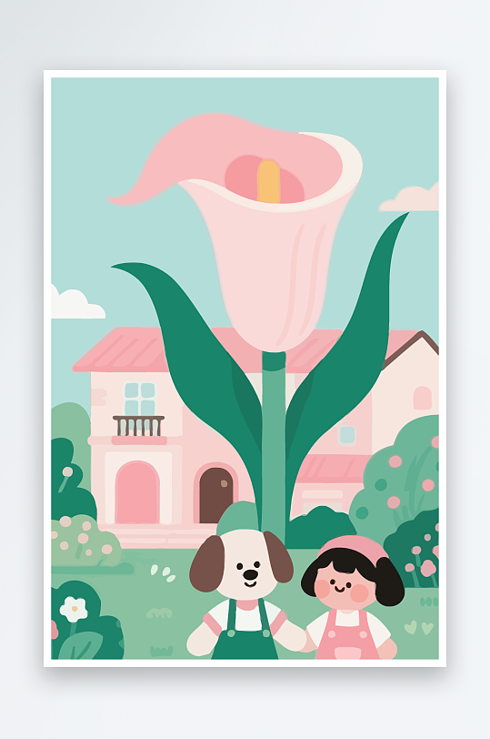 狗孩童花朵图标插画元素-众图网