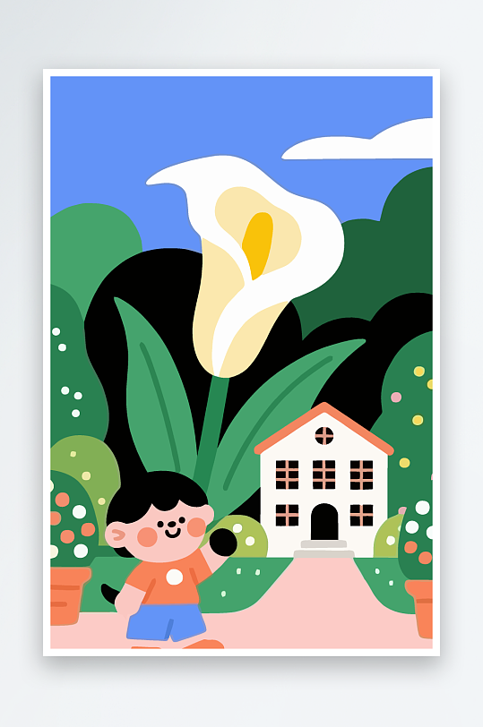 狗孩童花朵图标插画元素-众图网