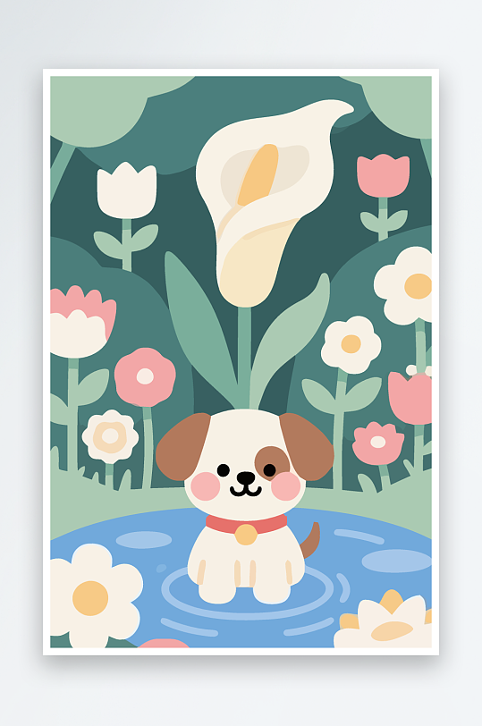 狗孩童花朵图标插画-众图网