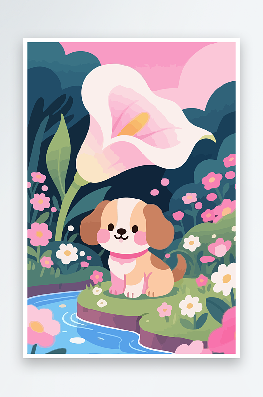 狗孩童花朵图标插画-众图网