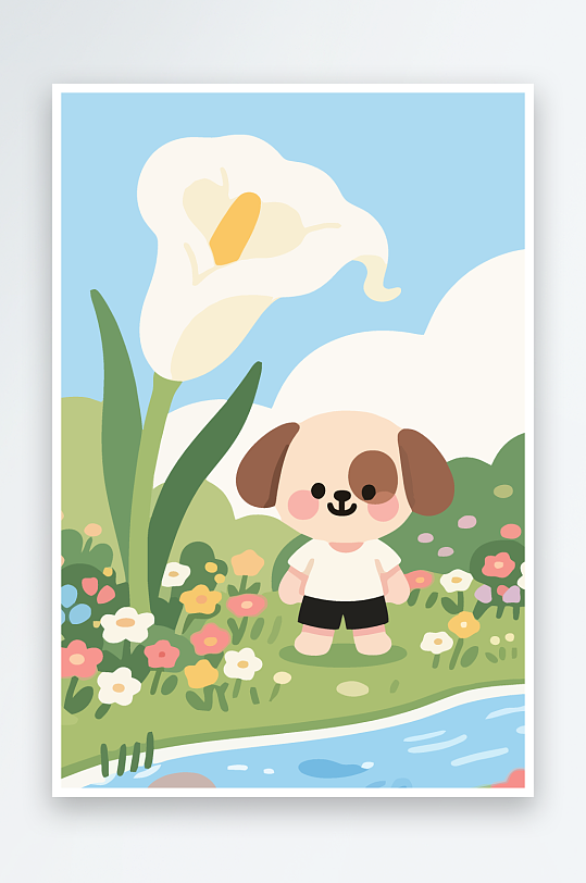 狗孩童花朵图标插画-众图网