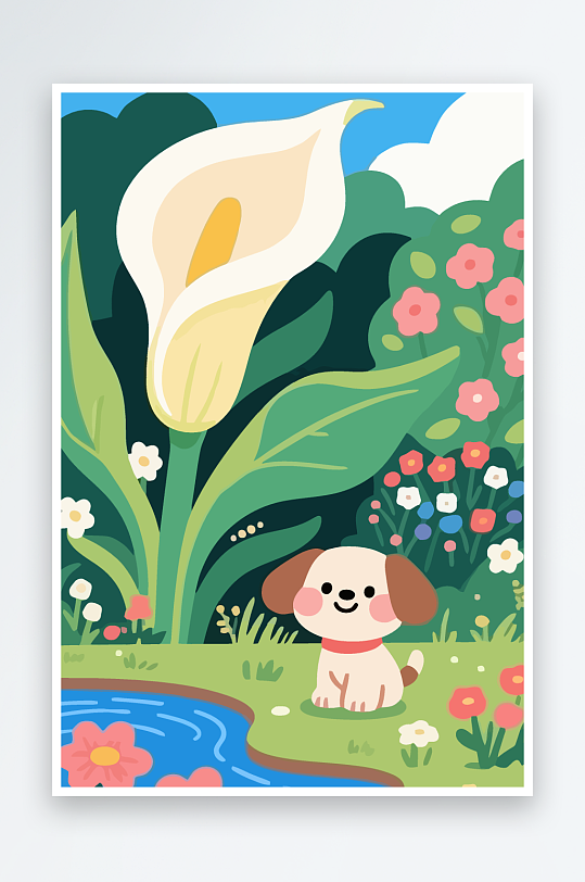 狗孩童花朵图标插画-众图网