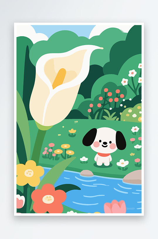 狗孩童花朵图标插画-众图网