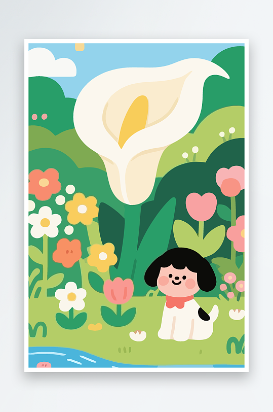 狗孩童花朵图标插画-众图网