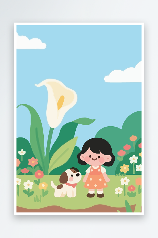 狗孩童花朵图标插画-众图网