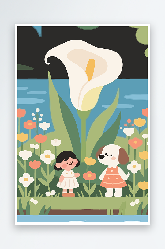 狗孩童花朵图标插画-众图网