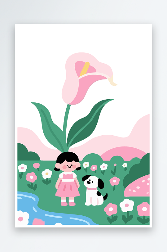 狗孩童花朵图标插画-众图网